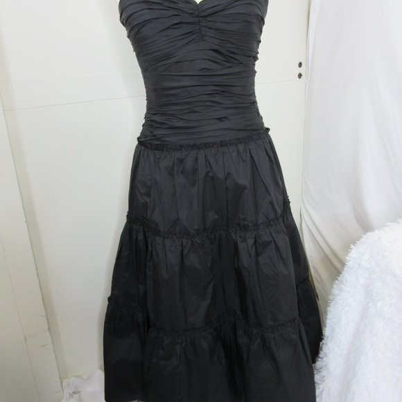 BCBG MaxAzria Black Silk Strapless Tiered Ruffle Formal Semi Midi Dress Size 4 - Picture 4 of 11